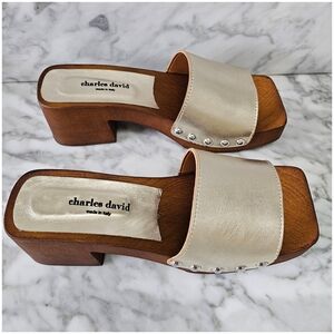 Charles David, Metallic Silver Leather Slide Mules with Wood Block Heel, NWOB